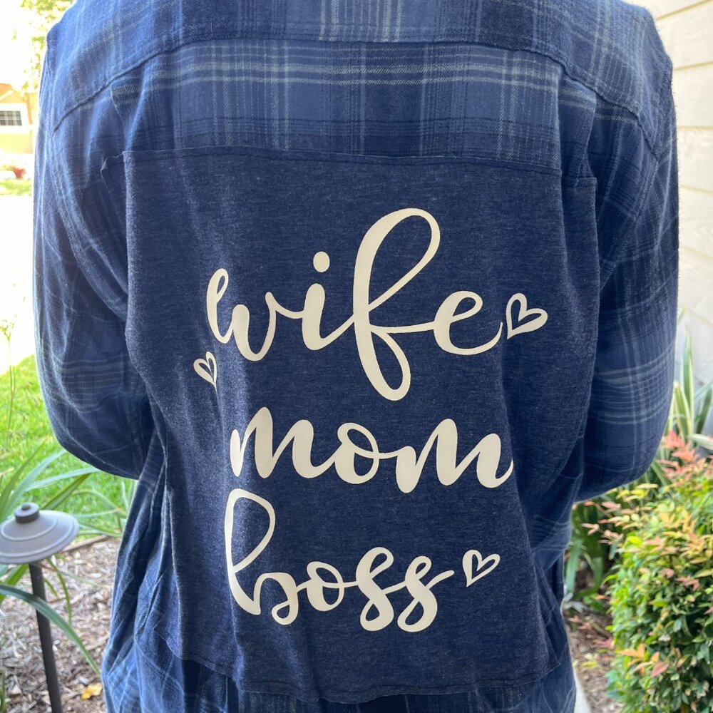 Wife Mom Boss Flannel Shirt upcycled one of a kind unisex Medium